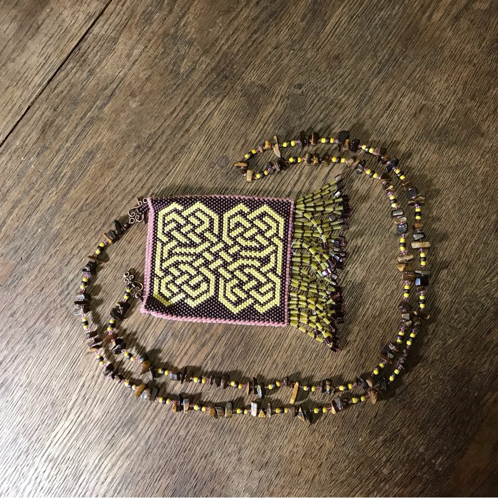 Vintage Hamd Made Beaded Bag w Tiger Eye Strap